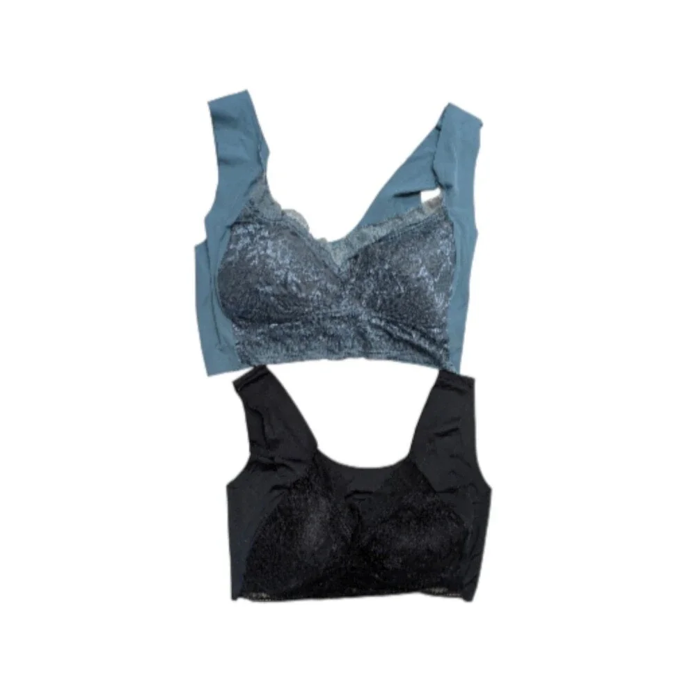 Womens Blue/Black Lace Sheer Panel Seamless Stretch Bralette Crop Top Size Large